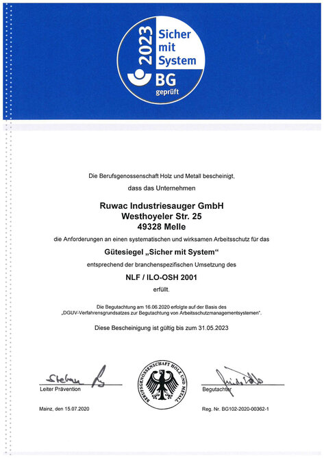 Certyfikat branżowego zrzeszenia Berufsgenossenschaft Holz und Metall potwierdza spełnienie wymogów systematycznej i skutecznej ochrony pracy
